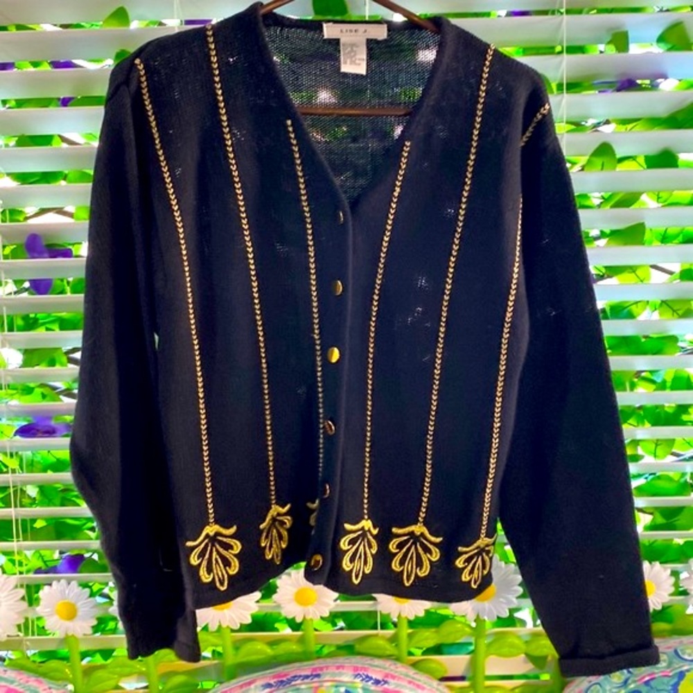Lise J. black cardigan sweater with fancy gold braiding & embroidery